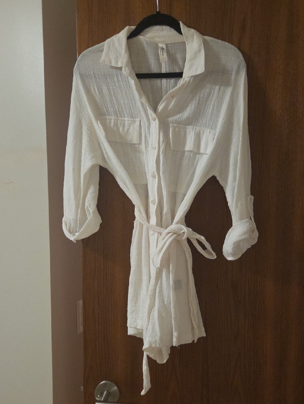 Mahina White Lightweight White Button-Up Romper with Tie Waist